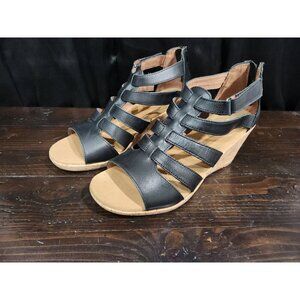 Rockport Briah Black Leather Gladiator Cork Wedge Sandal/Sz. 7.5 NWOB